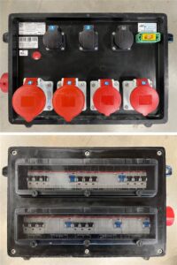 CEE Verteiler 63A -> 2x 32A, 2x 16A, 3x Schuko, RCD, cPot, LS-Schalter, Vollgummi